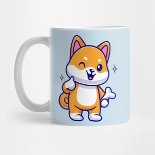 Cute Shiba Inu Holding Bone With Thumb Up Cartoon Mug